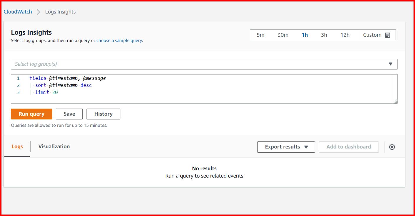 Picture showing the Log Insight screen in AWS console